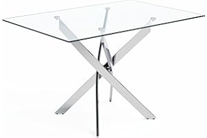 NIERN Tempered Glass Dining Table with Chromed Legs,47" Modern Rectangular Kitchen Table for Dining Room Kitchen,Sliver