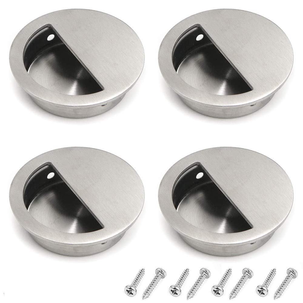 Gasea 4 Packs Recessed Sliding Pull Door Handles, 60mm Stainless Steel Flush Pull Handles Round Finger Pulls Hidden Cabinet Handles with Concealed Screws