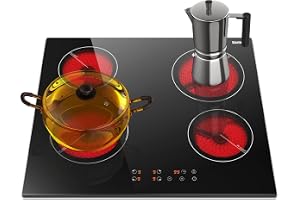 Karinear Drop-in 4 Burner Electric Cooktop 24 Inch Radiant Cooktop, Electric Stove Top with Residual Heat Indicator, Child Safety Lock, Timer, 220-240V, 6000W, Hard Wire(No Plug)