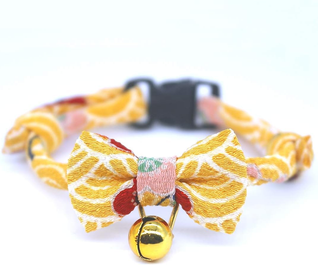 PetSoKoo Bowtie Cat Collar With Bell Breakaway, Japan Chirimen Fabric Golden Bell