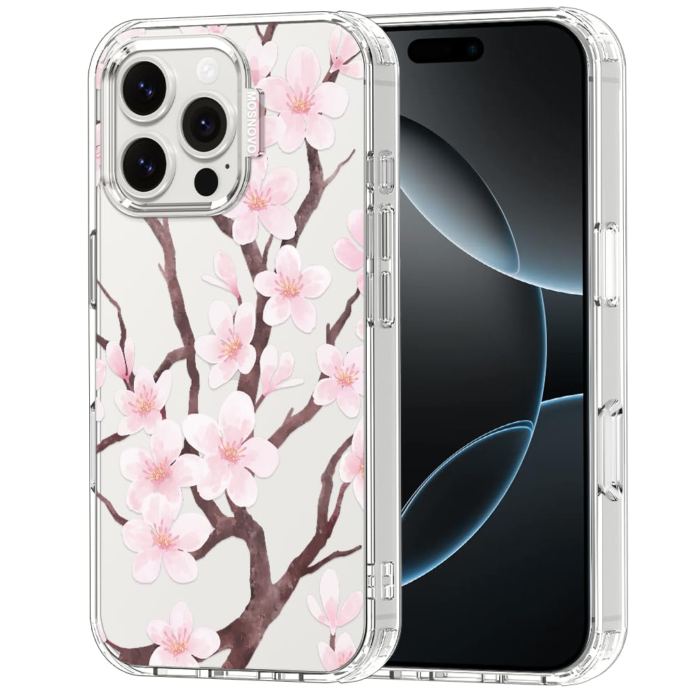 MOSNOVO Case for iPhone 16 Pro Max, [Buffertech 6.6ft Military-Grade Drop Protection] [Anti Peel Off Tech] Clear TPU Bumper Phone Case Cover Design - Cherry Blossom Floral