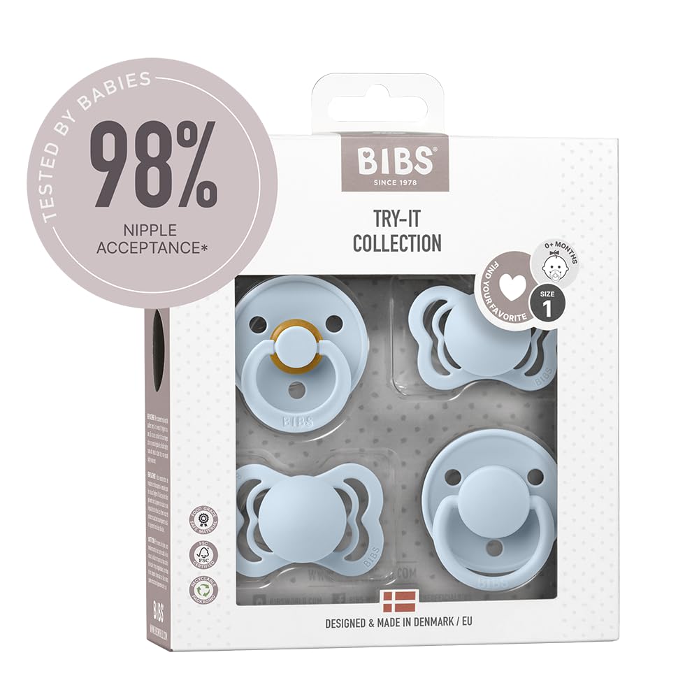 BIBS Try-it Dummies 4-Pack. BPA Free, Round, Symmetrical and Anatomical Nipple. Natural Rubber/Silicone, Size 1 (0-6 Months), Baby Blue
