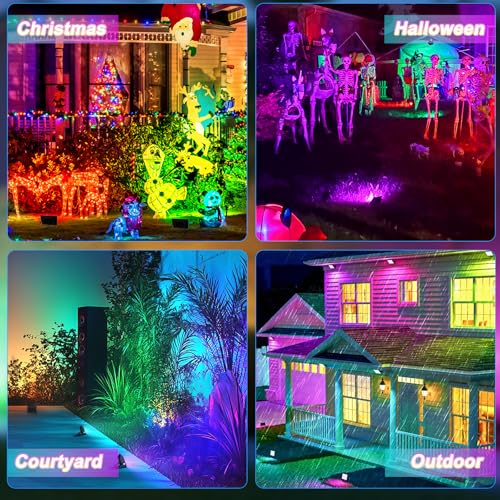 Indmird 2 x LED RGB Outdoor Spotlight 50 W, Outdoor RGB LED Projector with 2.4 G Remote Control and Bluetooth App, IP66 Waterproof Dimmable LED Spotlights Colours for Halloween Christmas Garden Party