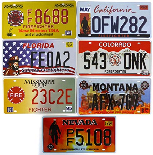 OPO 10 - Set of 7 Metal USA Car LICENSE PLATES - Replicas of Real American Firefighters Plates