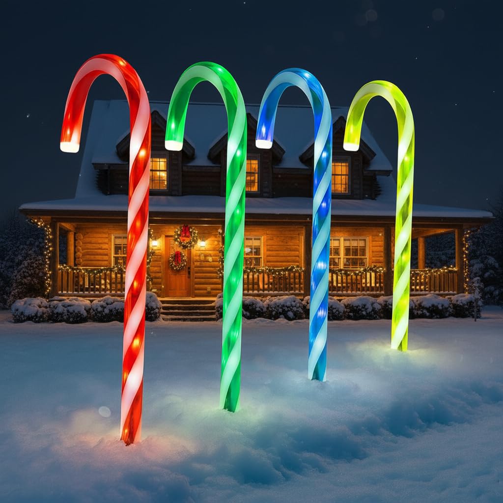 Almineez Christmas Set of 4 Candy Cane Red & White Light Up 50cm Stakes Garden Path Patio 40 LEDs Outdoor Indoor Festive Lighting Novelty Xmas Pathway Decorations (Multi-Coloured)