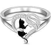 Fenthring Cat Ring Sterling Silver Heart Cat Rings for Women Animal Remembrance Christmas Gifts for Loss Lover Jewelry Size 7 8 9