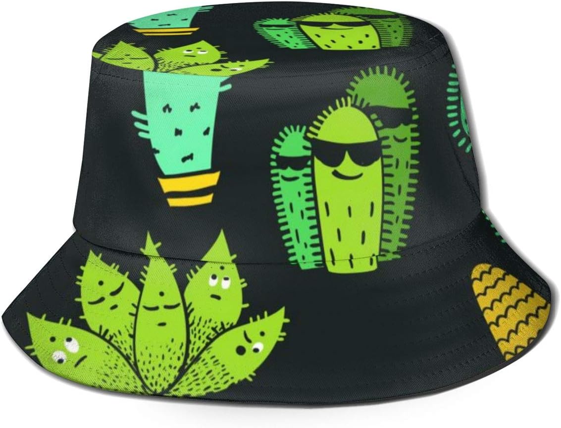 Funny Cactus Characters Bucket Hat Hat Classic Fisherman's Wide Brim Adjustable Fits Men Women Low ProfileSports Hat Lightweight Caps SPF 50+ UV Packable Black