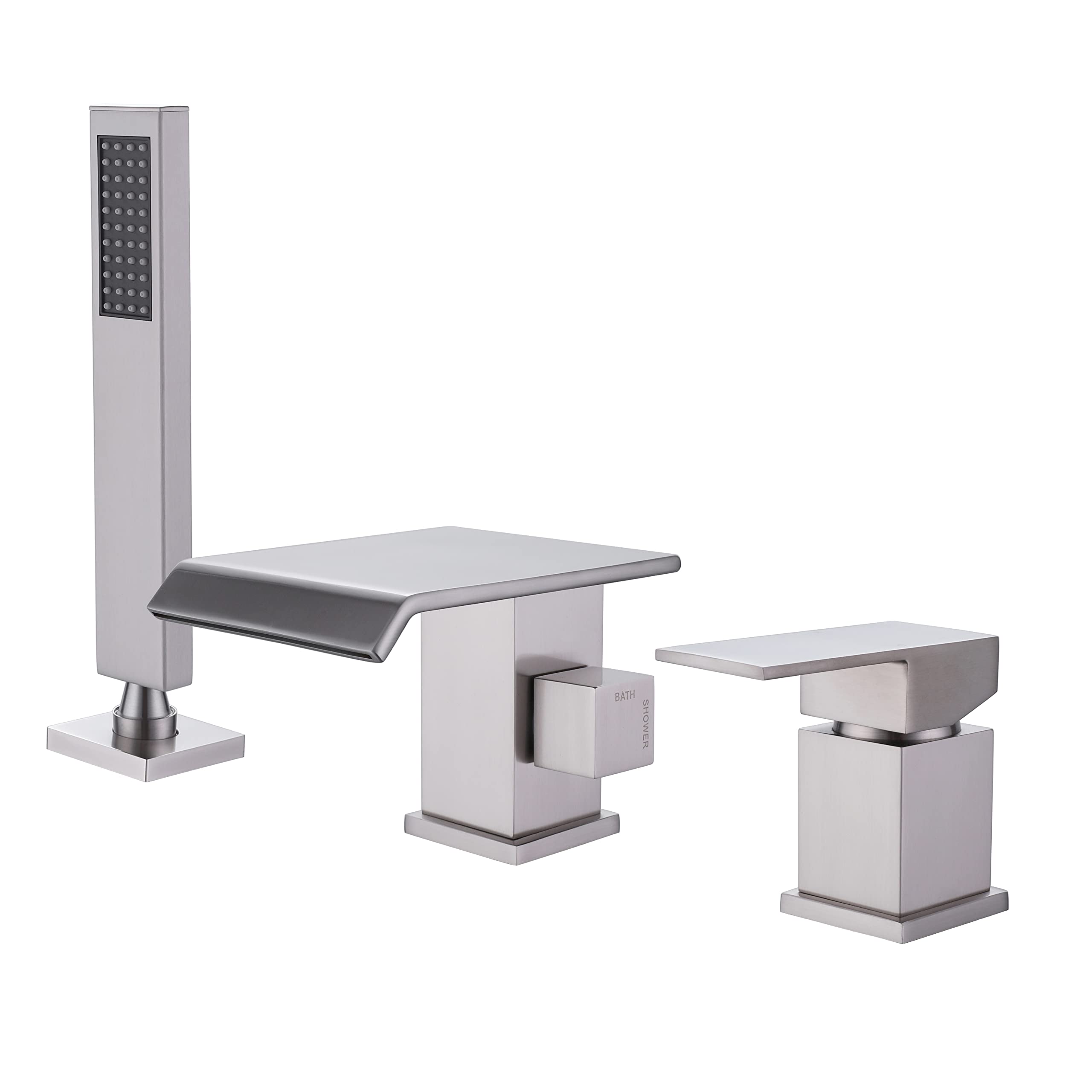 Photo 1 of TapLong Modern Roman Tub Faucet with Hand Shower, Waterfall Deck Mount Bathtub Filler Faucet with Sprayer, Widespread 3-Holes Tub Shower Faucet Set in Brushed Nickel, 02763BN