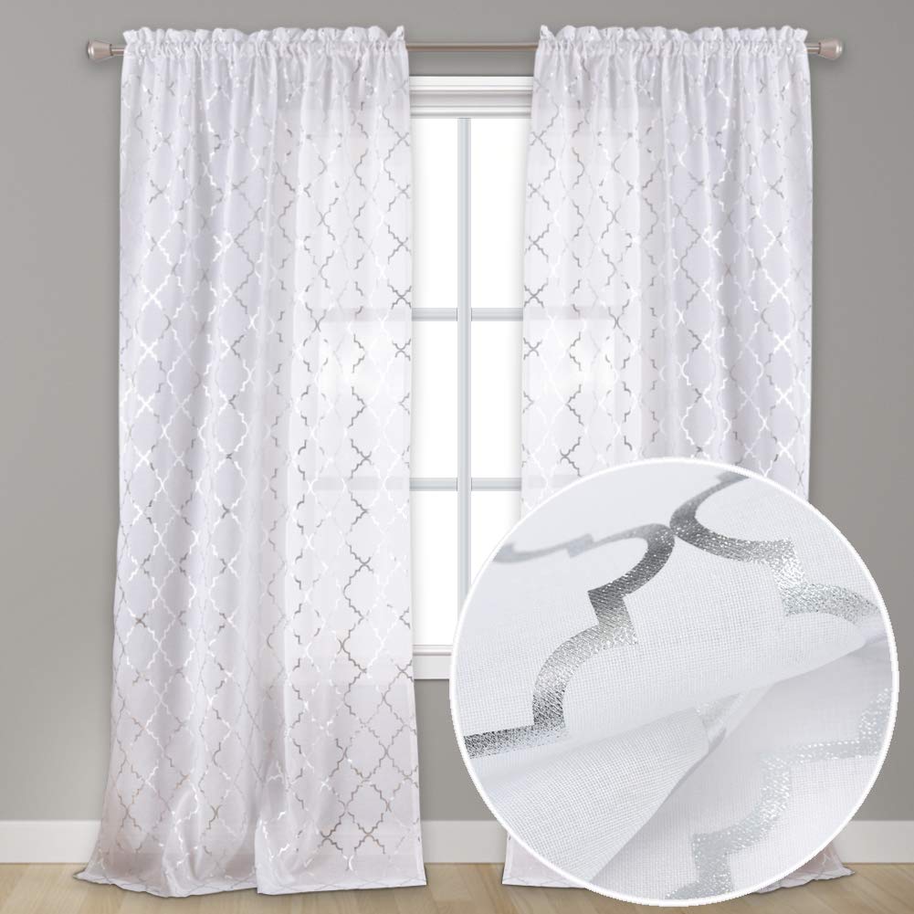 Kotile Silver White Sheer Curtains 84 Inch Length 2 Panels Metallic Shimmer Sparkle Sheer Curtains for Living Room, Rod Pocket Privacy Light Filtering Moroccan Pattern Window Curtains, W52 x L84 Inch