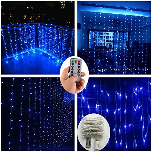 Blue Curtain String Lights With Remote,Battery Operated,300 LED 9.8ft