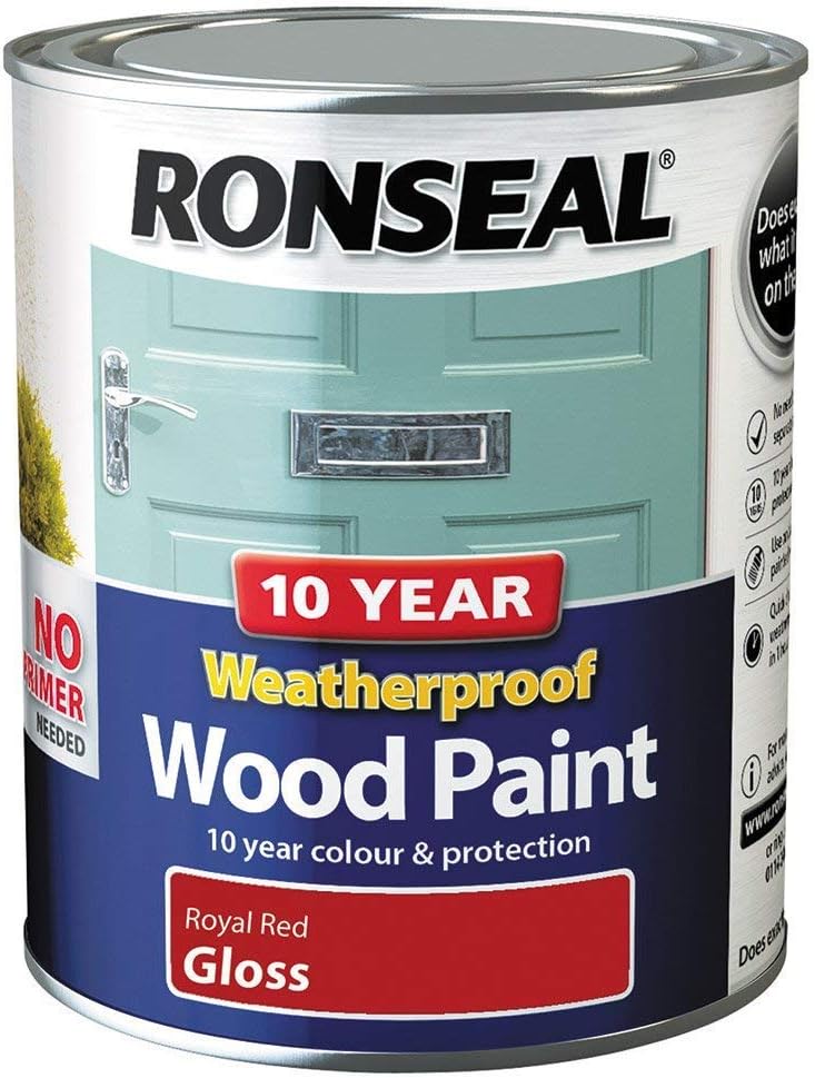 Ronseal 10 Year Weatherproof 2-in-1 Wood Paint Royal Red Gloss 750ml, 750 ml (Pack of 1)