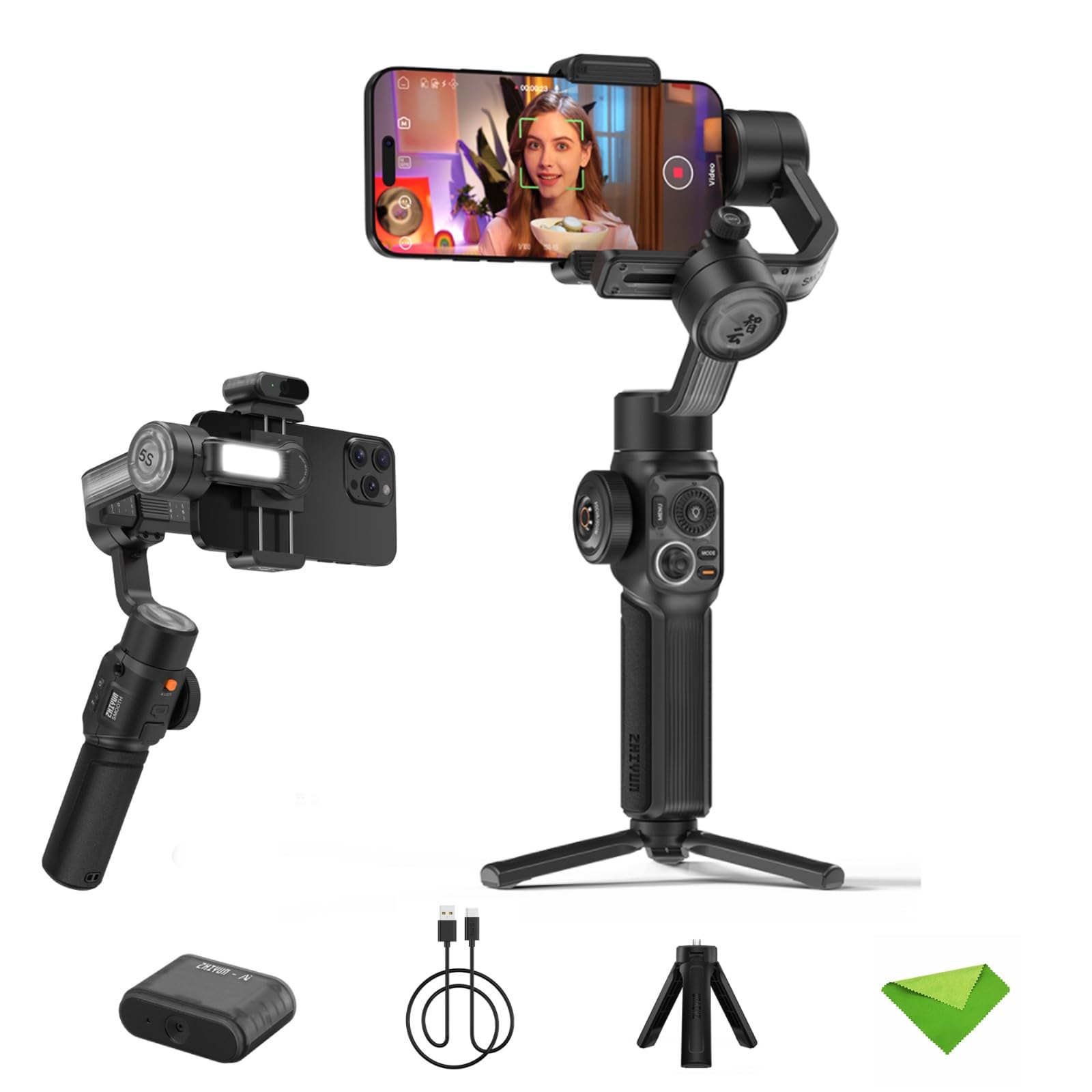 ZHIYUN Smooth 5S AI Combo Gimbal Stabilizer for Smartphone, 3-Axis Phone Gimbal, AI Tracking Phone Stabilizer for Video Recording Vlog, for Android for iPhone 14 Pro Max Plus 13 12 11 X XR XS 8 Plus