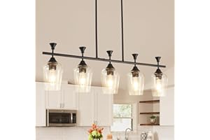 UnicozoHome Dining Room Light Fixture/Chandelier Over Table, 5-Light Kitchen Island Lighting Hanging for Farmhouse Linear Chandeliers Matte Black Ceiling Pendant Light Fixtures with Clear Glass Shade
