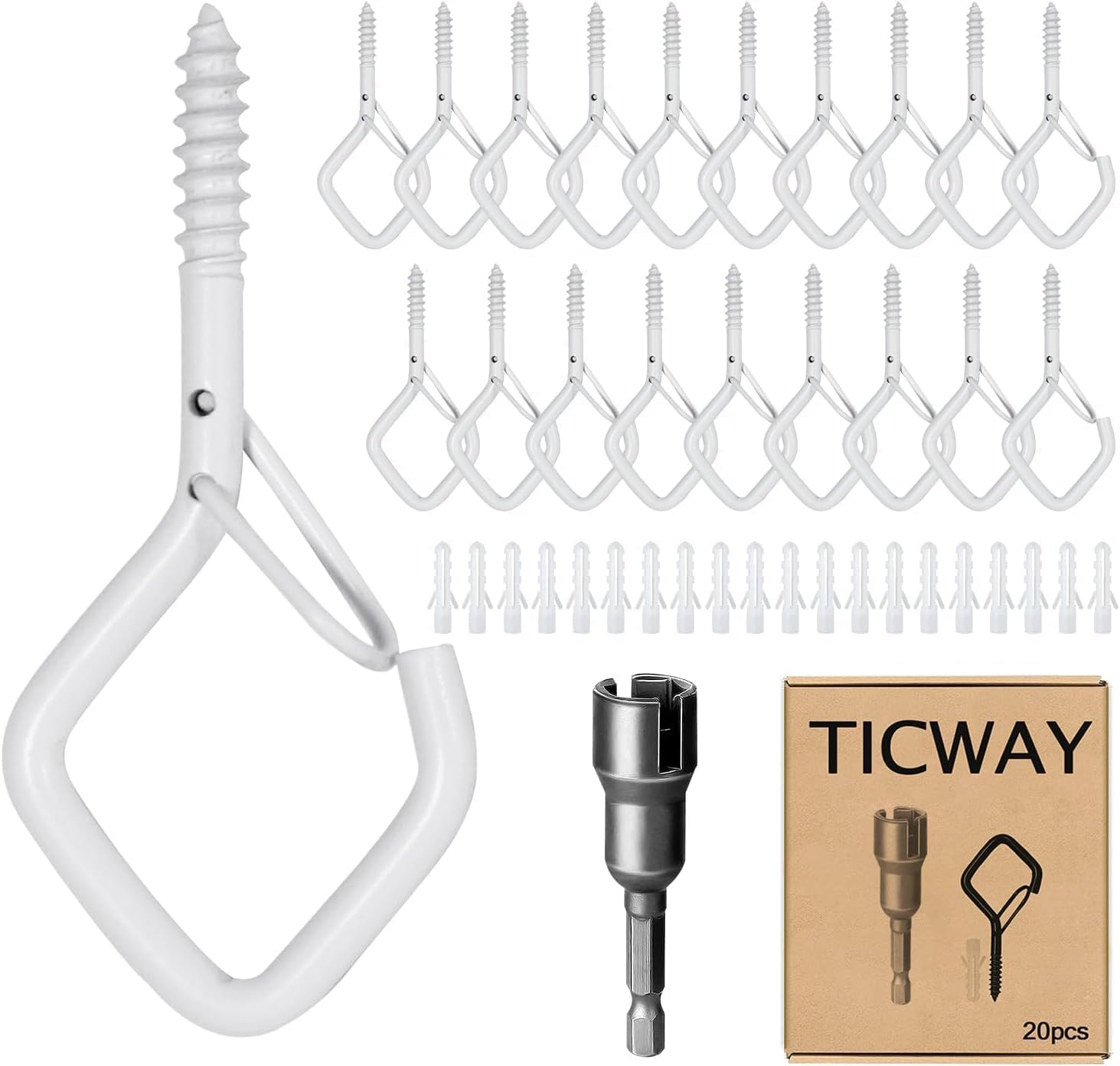 Ticway 20 Pcs Screw in Hooks with Safety Buckle - White Metal Ceiling Hooks,Outdoor Garden Hooks - Hooks for Hanging Plants, Cup, Fairy Light, Birdcage, Christmas Decor, Wind Chimes (White) — image 1