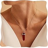 Carnelian Necklace for Women, Natural Gemstone Hexagonal Column Carnelian Pendant Necklace, Reiki Crystal Red Stone Necklace Gold Plated Stainless Steel Chain