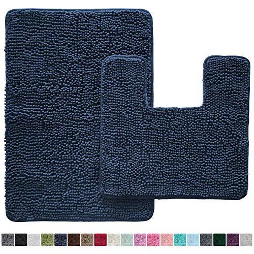 Gorilla Grip Original Shaggy Chenille 2 Piece Bath Rug Set, 19x19 Square U-Shape Contoured Toilet Mat & 30x20 Carpet Rug, Machine Wash/Dry Mats, Soft, Plush Rugs for Tub Shower & Bath Room (Navy Blue)