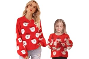 AWIBMK Mommy and me Christmas Outfits Santa Claus Sweater Long Sleeve Knitted Tops for Fall Winter Xmas Holiday Clothes