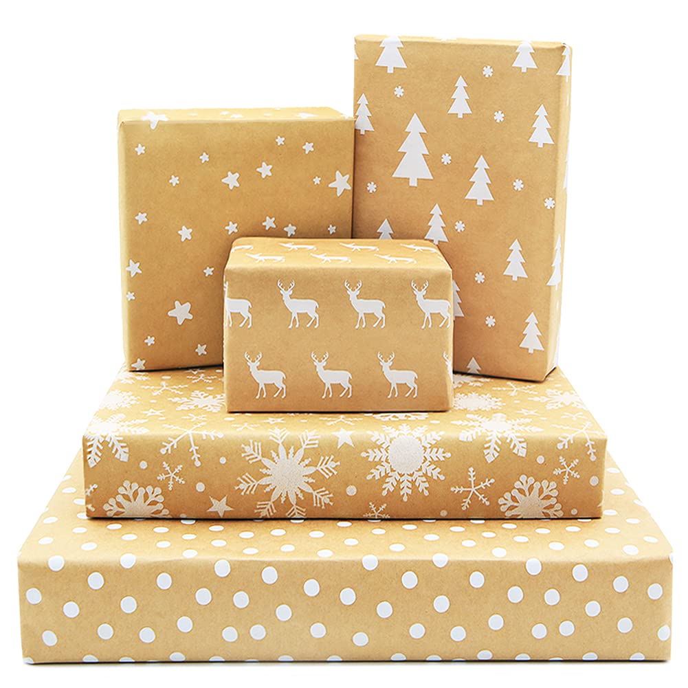 Kraft Wrapping Paper Roll, Present Wrapping Paper 5 Sheets 100 * 44cm with 5 Patterns Includes Christmas Tree Elk Snowflakes Stars Dots with Jute String Sticker Tags Type for All Occasions