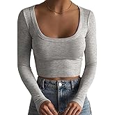 Artfish Women's Square Neck Long Sleeve Ribbed Slim Fitted Casual Basic Crop Top