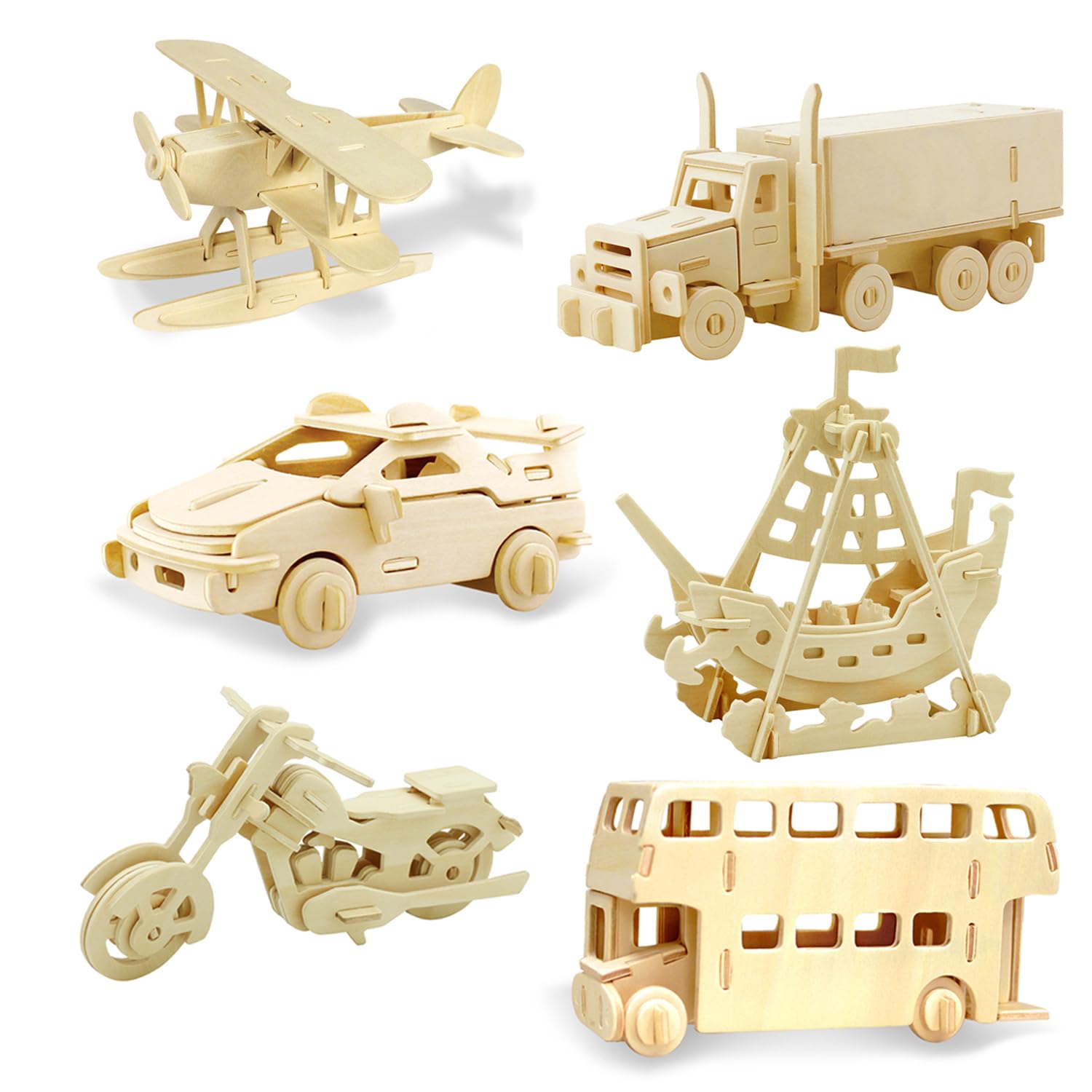 Georgie Porgy Kids Toys Construction Woodcraft Kits 3D Wooden Model Puzzle DIY Arts Crafts Kits Wooden Jigsaws (Airplane Bus Car Pirate Ship Truck Motorcycle) — image 1