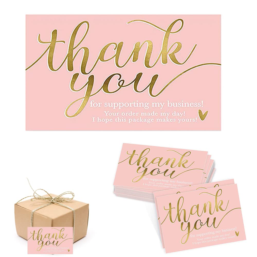 100 PCS Thank You Business Cards Pink Thanks Greeting Cards with Gold Theme Gold Foil Thank You Cards Small business Freebies for Retail Store Handmade Goods Gift Shop Package