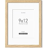Momentworth 9x12 Frame with Mat for 6x8, Solid Oak Wood 9x12 Picture Frame with Tempered Glass for Wall Mount(Single,Oak)
