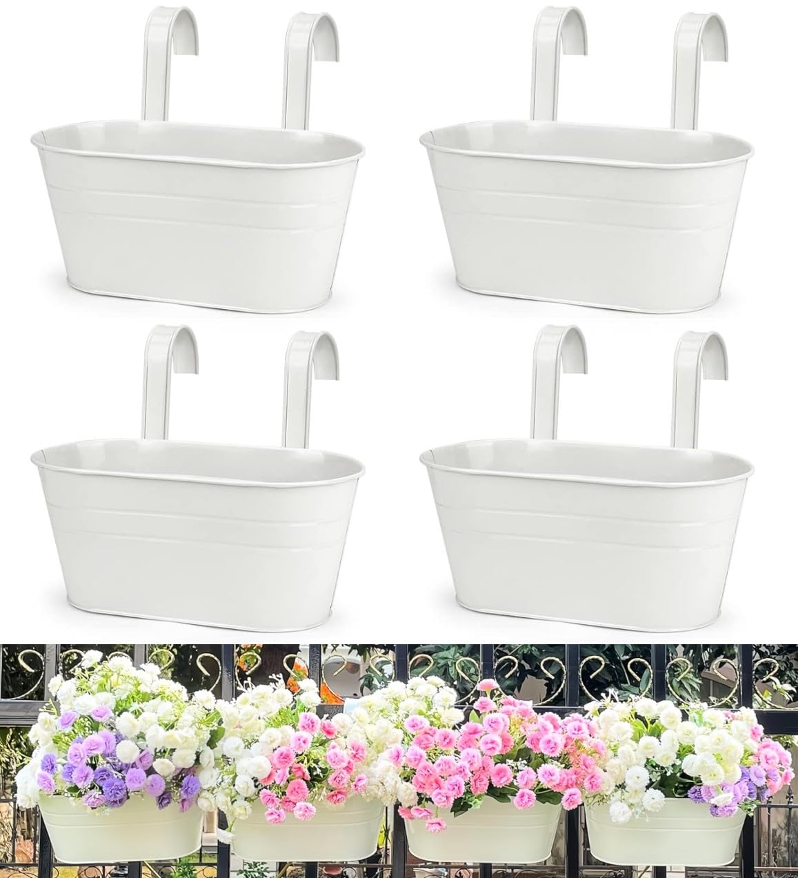 LATERN 4Pcs Metal Hanging Flower Pots, 27.5cm Large Plant Pots Hanging Flower Bucket with Detachable Hook for Balcony Fence Garden Home Decor (White)