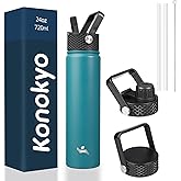 Konokyo Insulated Water Bottle 24oz Stainless Steel Sport Bottles with 3 Lids,Light Blue