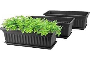 GREANER Rectangle Planters for Indoor Plants, 3 Pack Long Outdoor Plastic Flower Boxes Vegetable Growing Pots 16.9x7.48 Inch with Tray for Garden Balcony Windowsill House DIY - Black