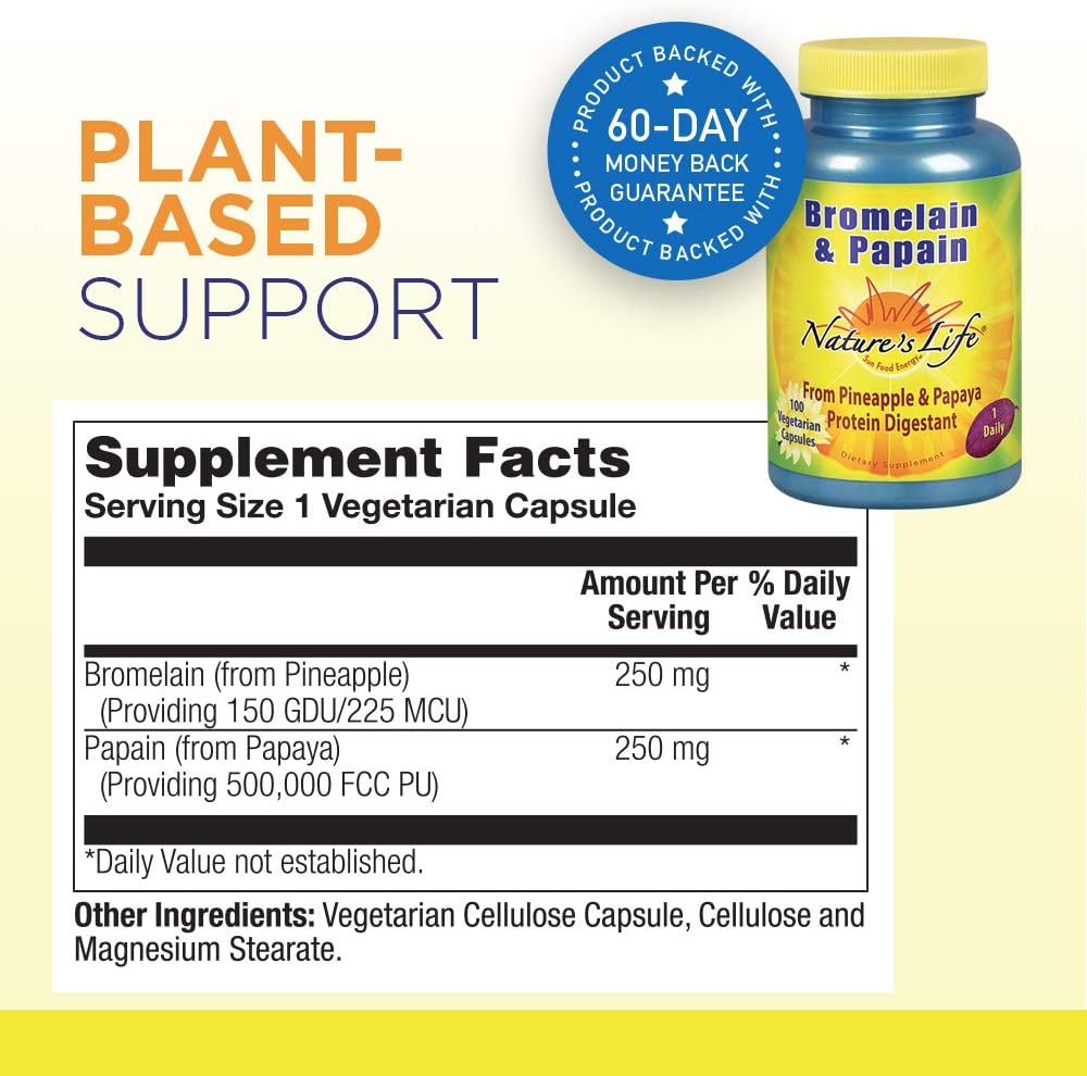 Natures Life Bromelain & Papain | Proteolytic Enzymes for Digestive Support & Comfort | from Pineapple & Papaya | 250mg Ea | 100 Vegetarian Capsules: Health & Personal Care