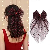 Valentine’s Day Hair Bow Clips Red Heart Bows Clip for Women Valentine’s Day Hair Accessories Black Transparent Mesh Heart Big Bowknots Ribbon Hair Barrette Oversized Hairpin for Wedding Party Decor
