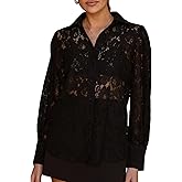 Women Long Sleeve Floral Lace Blouse Button Down Sheer Collared Shirt Embroidered Mesh Going Out Blouse Top