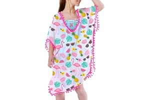 Funnycokid Girls Swimsuit Cover Ups Kids Beach Bathing Suit Coverup Swim Cover Wraps with Pom Pom Trim 3-12 Years