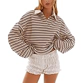 Womens Oversized Striped Y2k Sweatshirt Lapel Collared Rugby Shirt Trendy Casual Polo Sweatshirt Streetwear