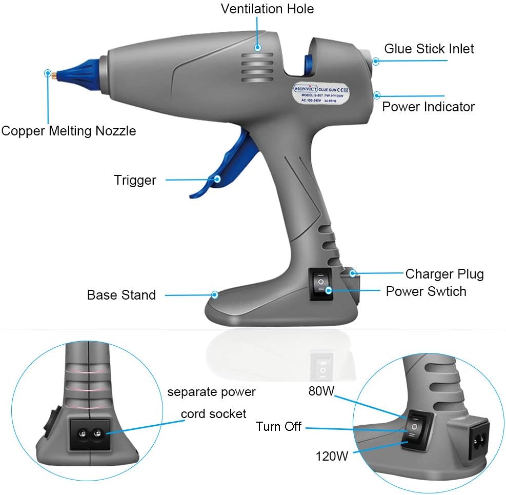 Hot Glue Gun - Monvict Full Size 80/120W Dual Power Heavy Duty Glue Gun, Corded & Detachable Cord Use, Base Stand Hot Melt Glue Gun Industrial for DIY, Home Repairs, Arft Crafts with 12 Glue Sticks: Home Improvement