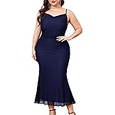 CYCLAMEN Plus Size Mesh Mermaid Dress Ruched Spaghetti Strap Fitted Sleeveless Cami Dresses Cocktail Party Wedding Guest
