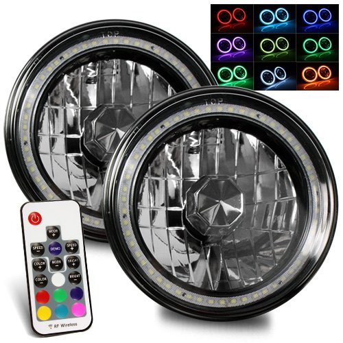 ModifyStreet 7" Round H6014/H6015/H6024 Black Crystal Headlights with Remote Control Multi-Color RGB SMD Halo Ring
