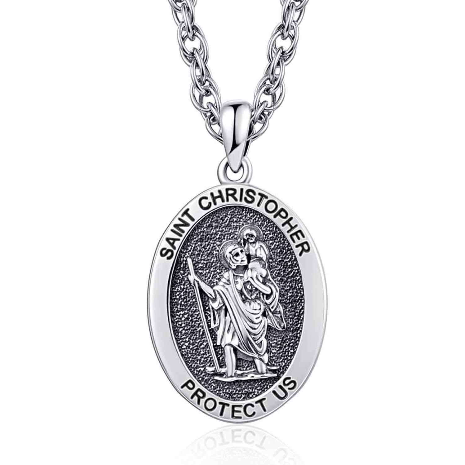 KINGWHYTE St Christopher Necklace Mens Womens 925 Sterling Silver Oval St. Christopher Medal Protection Necklace With Stainless Steel Chain 22"+2"