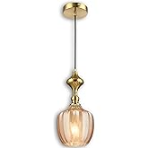 LUXWELL Modern Glass Pendant Light, 6.5"x14" Amber Sunset-Striped Hanging Fixture with Gold Cap, 15"-72" Adjustable Line, E26