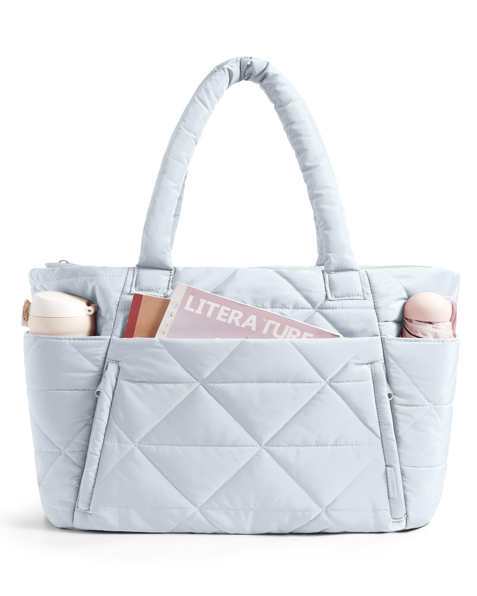 BAGSMART Tote Bag for Women, Puffy Tote Bag with Zipper, Large Quilted Shoulder Bag with Compartments for Travel, Work, Gym (Gray-blue) Image BAGSMART Tote Bag for Women, Puffy Tote Bag with Zipper, Large Quilted Shoulder Bag with Compartments for Travel, Work, Gym (Gray-blue) Image