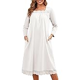 Bloggerlove 100% Cotton Nightgowns for Women Button Down Long Sleeve House Dress Lace Nightdress with Pockets