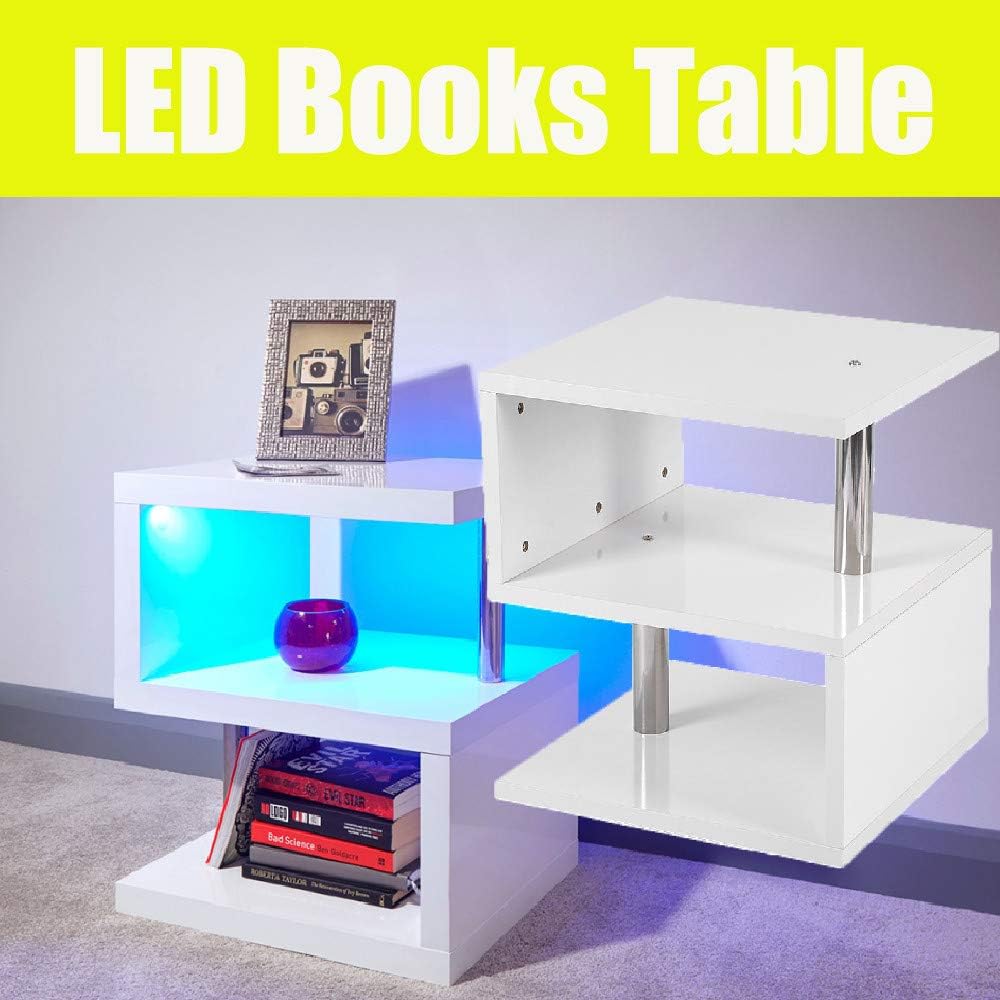 White S Shape High Gloss Side Table Corner Bookshelf Side End Coffee Table Storage Table With