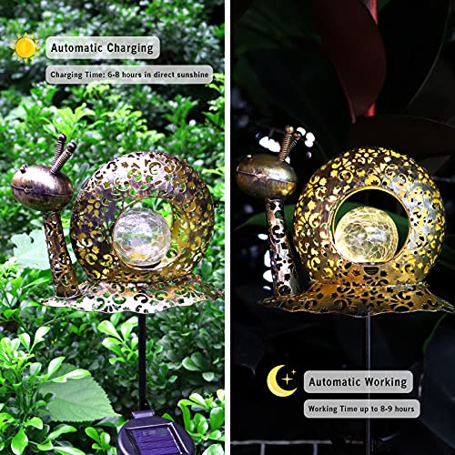 Outdoor Solar Lights Decorative Garden, Crackle Glass Globe Metal Snail LED Stake Light for Pathway, Lawn, Patio, Yard