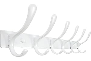 SKOLOO Heavy Duty Wall Mounted Coat Rack - 6 Hooks, Stainless Steel, Sturdy Coat Hooks for Hanging Clothes, Jacket, Hat, White