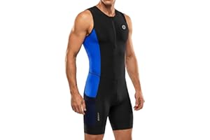 Men's Triathlon Suit One-Piece Padded Trisuit Race Skinsuit, Sleeveless Swimskin, Swim Bike Run,SBS Half Zip, 2 Side Pockets