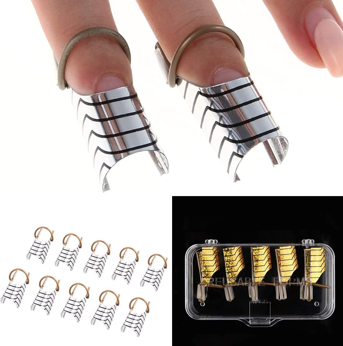 5pcs/set Nail Art Reusable Nail Form UV Gel Extension Builder Adjustable Foil Manicure Tool Nail Extension Refers To The Metal And Aluminum Holder Holder Box (Color : Silver)