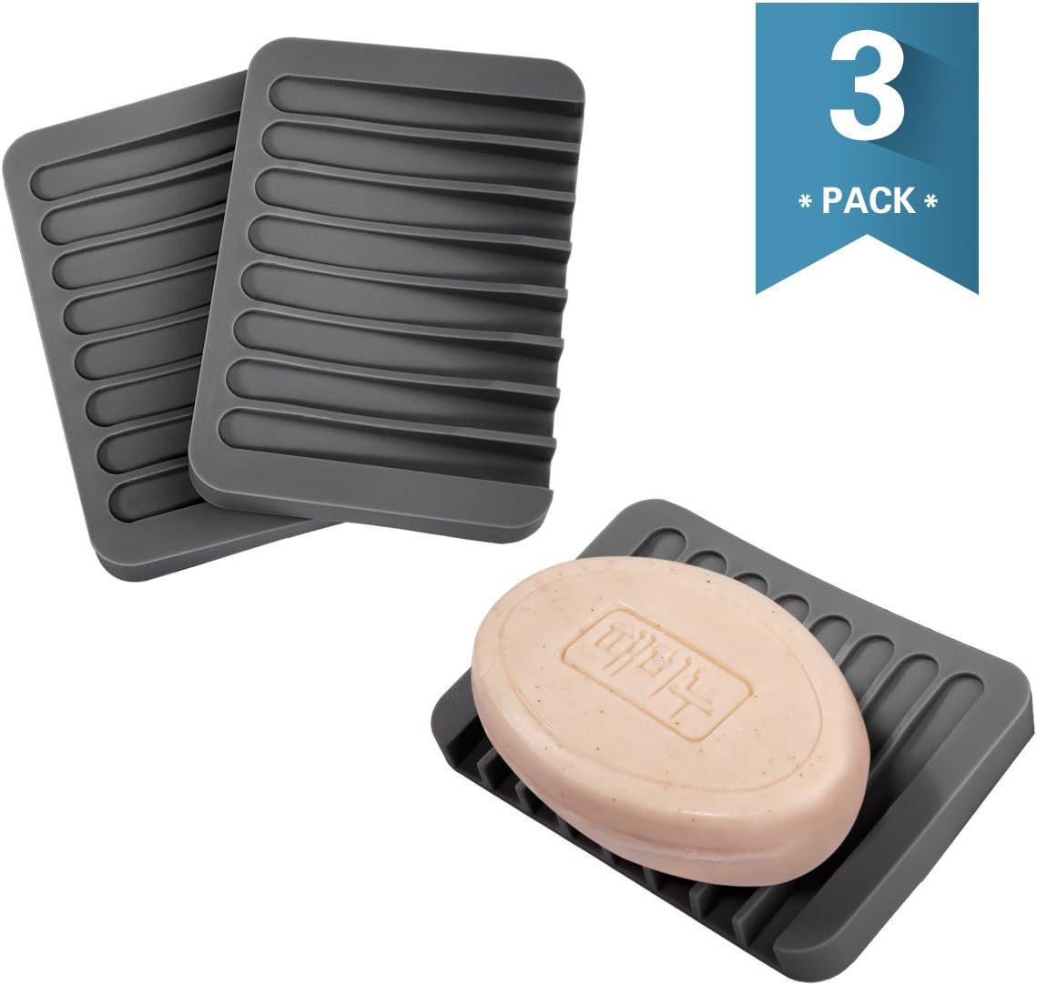 Silicone Shower Soap Dish Set, Soap Saver Holder, Rectangle Concave,3 Pack (Gary)