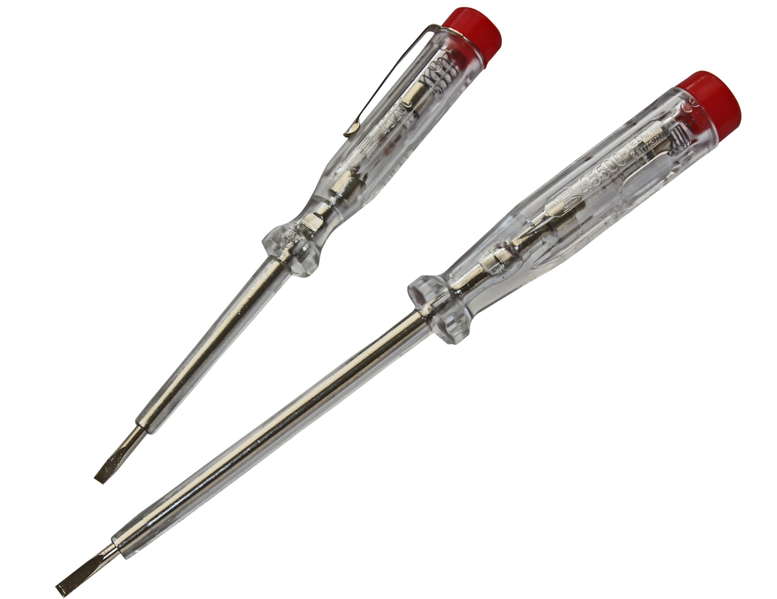 H+H Werkzeug 45200 45500 VDE Standard Tester 45200/45500 Voltage Tester/Phase Tester Set up to 250 V 2-Piece GS Tested 0680 Made in Germany, Transparent/Red, 140 mm / 190 mm