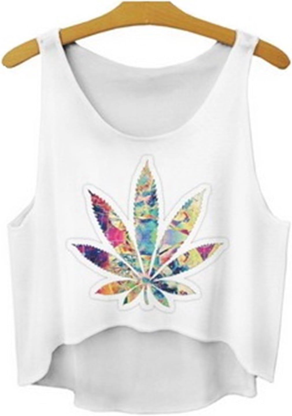 Women 3D Cute Emoji Crop Tops Shirts Top Tank Sleeveless Hemp Weed Leaf White