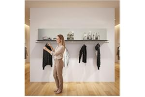 Wall Mounted Clothes Rack with Shelves, Stainless Steel Garment Hanger Display for Commercial Boutique Retail(180x28x30cm)